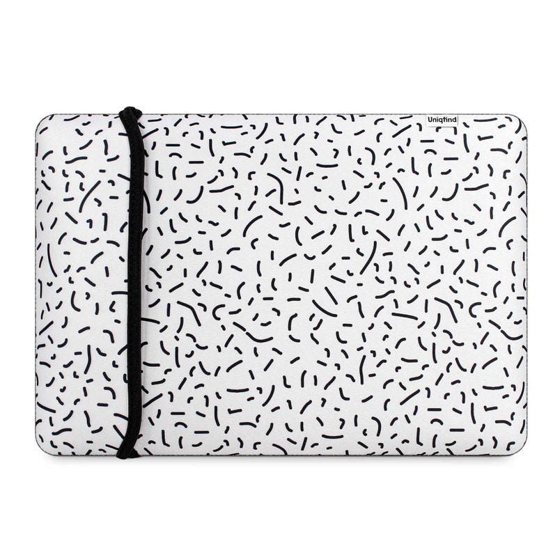 Puede incluir: Una funda para port&aacute;til blanca con un patr&oacute;n geom&eacute;trico blanco y negro. La funda tiene una correa negra y el texto "Unigfind" est&aacute; impreso en la esquina superior derecha.