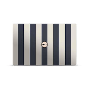 May include: A laptop featuring a navy and off-white striped pattern. The Dell logo is centrally placed on the lid. The vertical stripes are evenly spaced, offering a simple, contemporary appearance.
