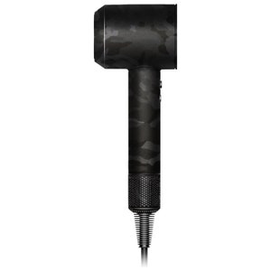 May include: A black hair dryer with a camouflage pattern. The dryer has a long handle and a nozzle at the end.
