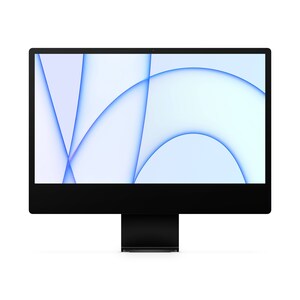 May include: A black desktop computer with a large screen displaying an abstract blue and white background.