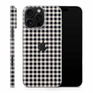 May include: A black and cream gingham patterned phone case with a black Apple logo. The case is shown from multiple angles, including the side profile. The phone screen is black.