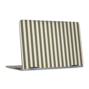 May include: A laptop featuring a striped design in olive green and white. The stripes are arranged vertically on the lid. The laptop is open, showing the keyboard and screen.