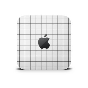 May include: Square, white device with a black grid pattern and a black Apple logo. The device has rounded corners and a shadow, suggesting a three-dimensional form. The grid pattern is composed of thin, black lines.
