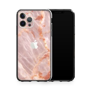 May include: A clear phone case with a pink and orange marble design. The case has a cutout for the camera and a logo on the back.