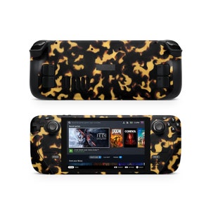 May include: A handheld gaming device with a tortoiseshell pattern on the back and front. The screen displays a menu with recent games, including "Star Wars Jedi: Fallen Order", "DOOM", and "Control".