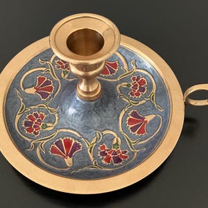 Vintage Brass & Enamel Floral Chamberstick Candle Holder