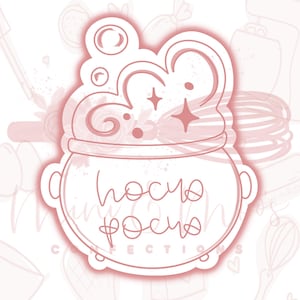 May include: A pink and white outline of a cauldron with steam coming out of the top. The cauldron has the text "hocus pocus" written inside.
