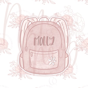 May include: A pink and white outline drawing of a backpack with the name "Molly" written on the front. The backpack has a small pocket on the front with a flower design.
