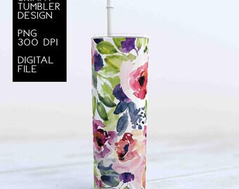 Skinny Tumbler png - 20 oz Sublimation Digital Download - Clip Art - Watercolor Flowers - 20 oz Tumbler Download