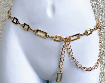 Vintage Belt 60s Gold Link Chain Belt with White Jewels Beads Medium