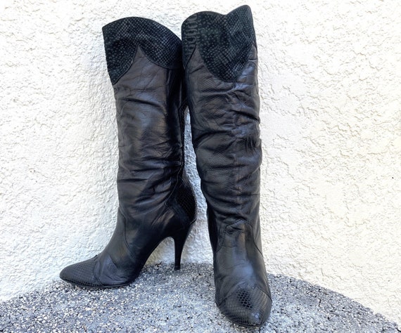 Vintage 80s Midi Boots Sz 6.5 Plush Bunched Embos… - image 1