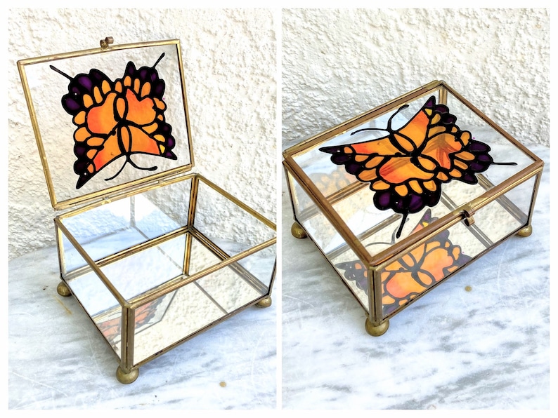 70s Jewelry Box Made in Taiwan Fused Glass Butterfly Faux Etsy
