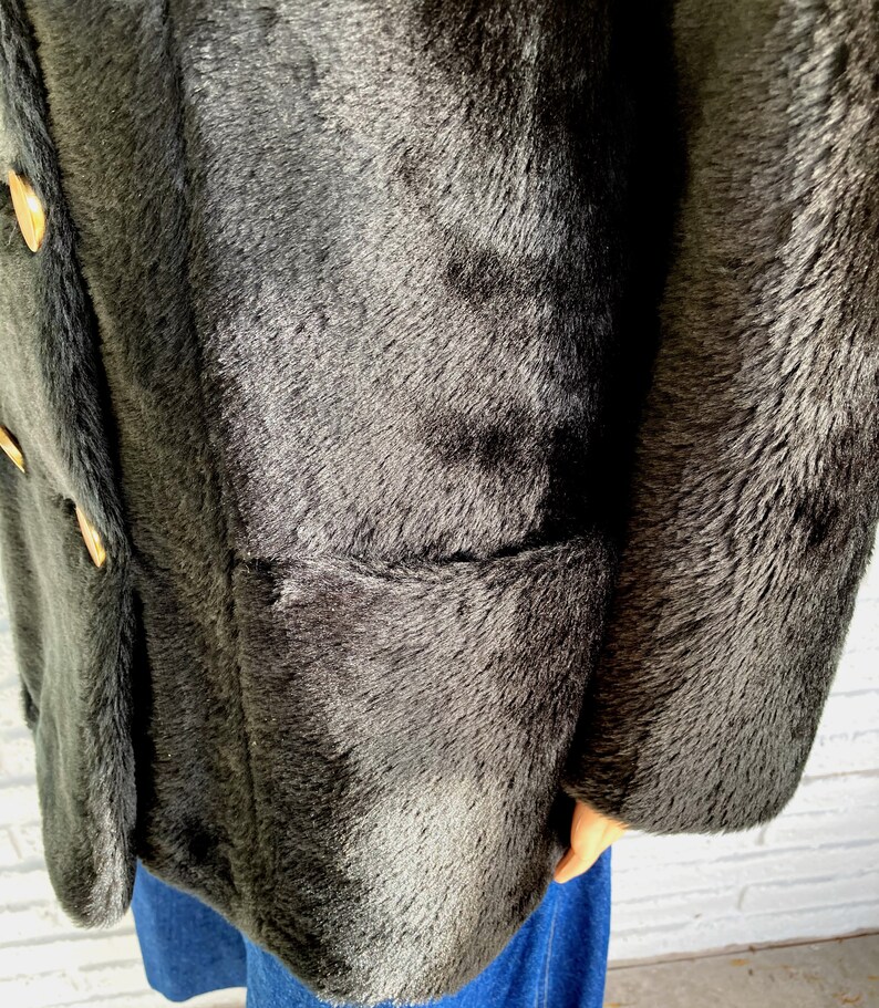 70s Winter Peacoat ML Vintage Faux Fur by Sears The Fashion Place Vegan Coat MOD Bohemian Boho Chic Double Breasted Quilted Insulation
