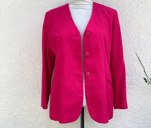 Vintage 80s Hot Pink Linen Blazer M/L by Oleg Cas… - image 2