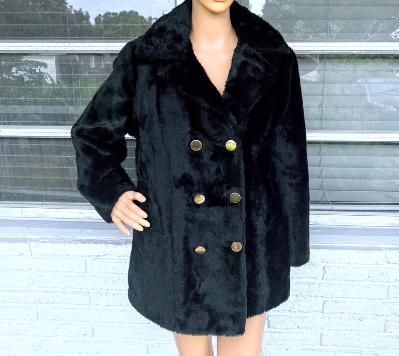 70s Winter Peacoat ML Vintage Faux Fur by Sears The Fashion Place Vegan Coat MOD Bohemian Boho Chic Double Breasted Quilted Insulation