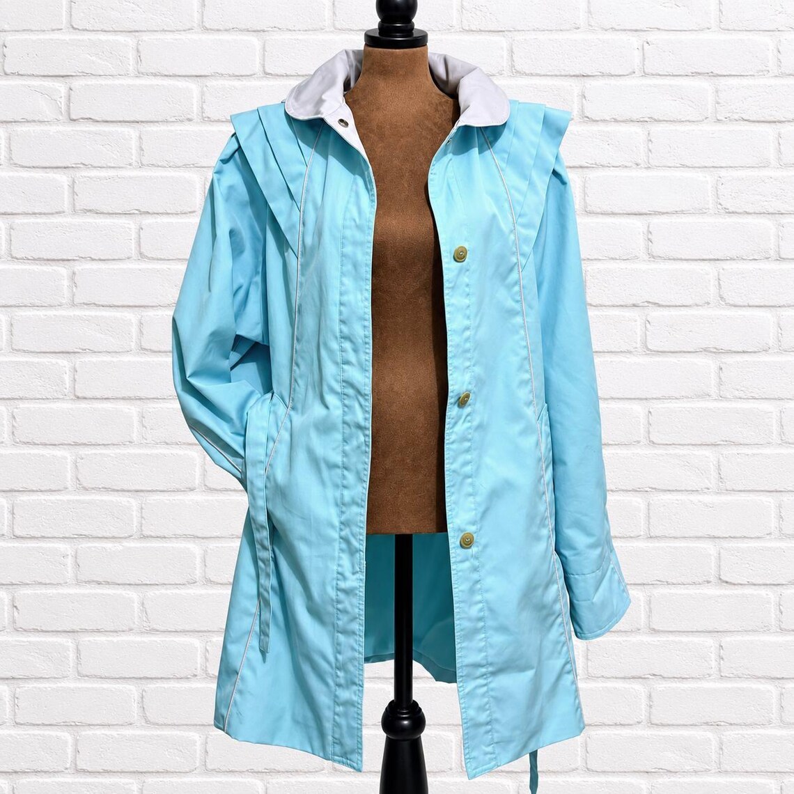 Vintage 80s Aqua Blue Trench Coat, Mulberry Street, Water-Resistant Cotton Blend (Size M), foto 2 de 5