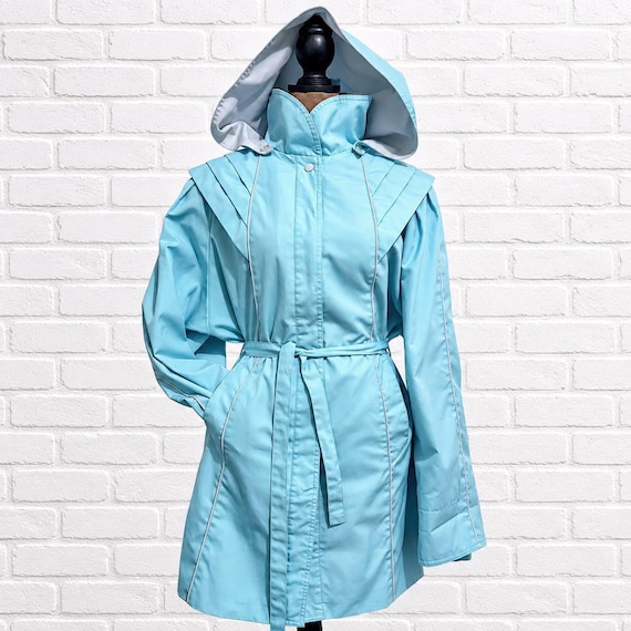 Vintage 80s Aqua Blue Trench Coat, Mulberry Street, Water-Resistant Cotton Blend (Size M)