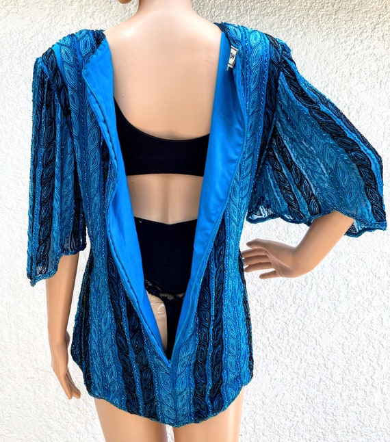 Vintage 80s Beaded Top w Butterfly Flutter Sleeve… - image 7