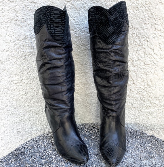 Vintage 80s Midi Boots Sz 6.5 Plush Bunched Embos… - image 6