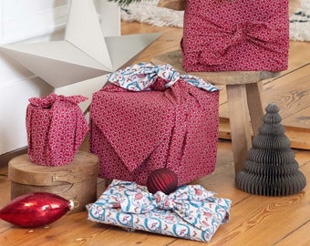 Stoff Geschenkverpackungen Starter Pack/Furoshiki/Eco Wrap/FabRap Teal & Cherry 6 Stück/Nachaltig Geschenkverpakung aus Stoff, Muttertagsgeschenk