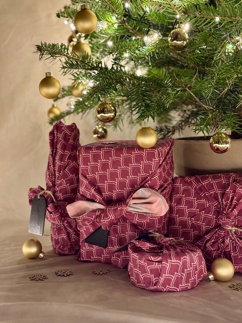 Furoshiki Zero Waste Gift Wrap – Stoff Geschenkverpackung für nachhaltige Geschenke - Burgundy einseitiges image 12