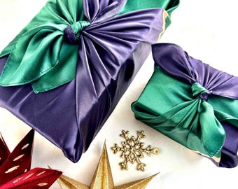 Reusable Fabric Gift Wrap - Emerald Midnight Blue Silk Furoshiki, FabRap Silk Scarf