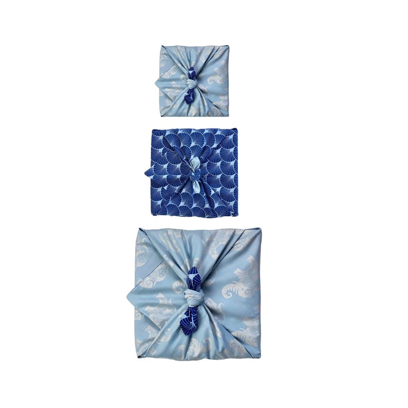 Paquete Furoshiki, conjunto de 3 Furoshiki, tela de envoltura, papel de envoltura ecológico Furoshiki de doble cara, envoltura de regalo de tela, Muttertags Sky & Indigo 3 pack