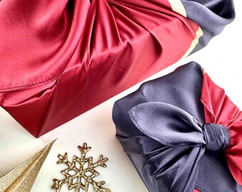 Silk Furoshiki Gift Wrap: Ruby Red, Midnight Blue & Caramel - Reusable FabRap™, silk scarf