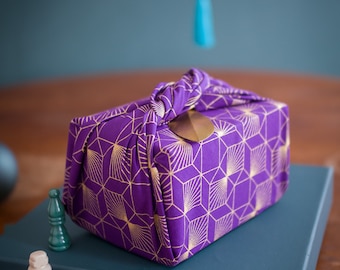 Furoshiki Reusable Fabric Gift Wrap, Diamond Geometric Print, Plum Gold, Mothers Day