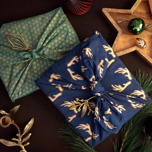 Weihnachtsverpackung, doppelseitige Furoshiki, japanische Verpackung, Geschenkpapier, Geschenkpapier, wiederverwendbare Geschenkverpackung, Jade & Midnight Rentiere Bild 2