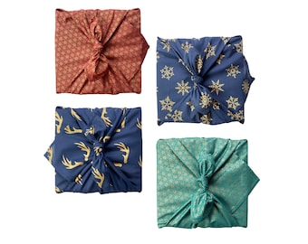 Fabric Gift Wrap Furoshiki Cloth - Christmas Pack Mini 4 piece Multi-style Single Sided