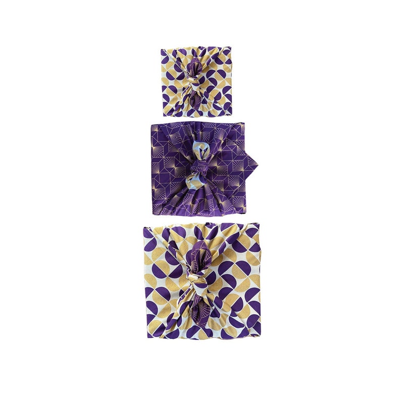 Paquete Furoshiki, conjunto de 3 Furoshiki, tela de envoltura, papel de envoltura ecológico Furoshiki de doble cara, envoltura de regalo de tela, Muttertags Plum & Gold 3 pack
