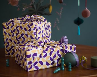 Diwali Reusable Fabric Gift Wrap – Gold Moons Furoshiki, Organic Cotton, Sustainable Wrapping