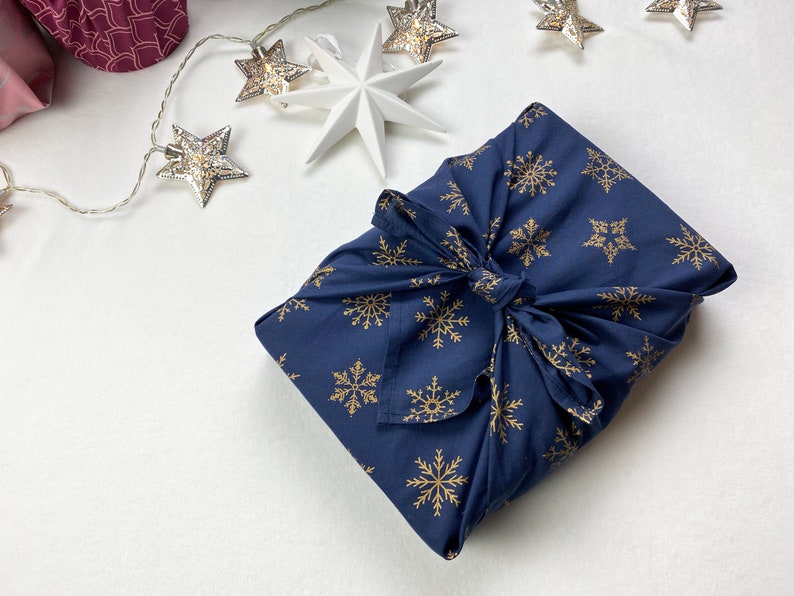 Christmas Furoshiki, Snowflakes Furoshiki, Blue Wrapping Cloth, Fabric Gift Wrap, Reusable Gift Wrap, Japanese Furoshiki, Bojagi Wrapping image 1