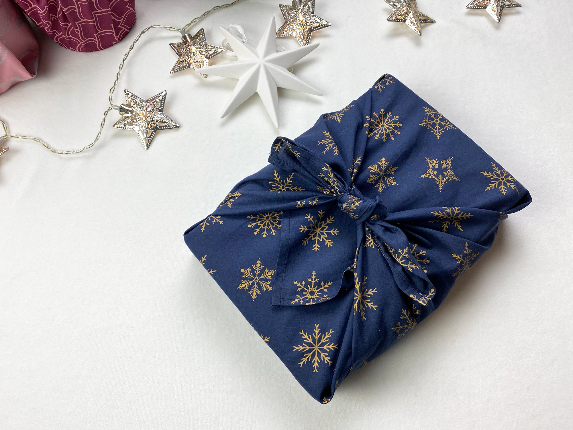Navy Star, Reusable Fabric Gift Wrap with Ribbon