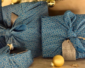 Teal Blue Furoshiki Fabric Gift Wrap: Organic Cotton Reusable Wrap, Weihnachten geschenkverpakung
