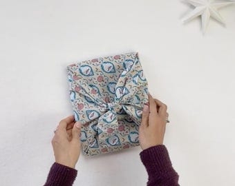 Organic Cotton Fabric Gift Wrap: Teal Cherry Floral Print