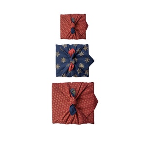 Paquete Furoshiki, conjunto de 3 Furoshiki, tela de envoltura, papel de envoltura ecológico Furoshiki de doble cara, envoltura de regalo de tela, Muttertags Ruby & Snowflakes 3p