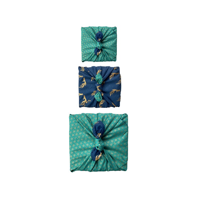 Paquete Furoshiki, conjunto de 3 Furoshiki, tela de envoltura, papel de envoltura ecológico Furoshiki de doble cara, envoltura de regalo de tela, Muttertags Jade & Reindeers 3pk