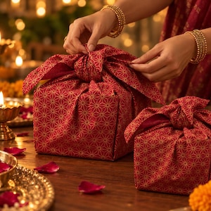 Papel de regalo Furoshiki de algodón orgánico / Tela reutilizable y sostenible (Diwali, Deepavali)