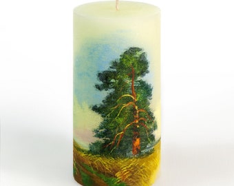Pillar Rustic Handpainted Unscented Candle For Home Interior | Pine Tree
