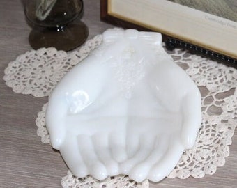 Vintage White Milk Glass Open Hands Soap-Jewelry Dish/ Vanity Dish/ Trinket Dish/ Farmhouse/Cottagecore/Gift For Her