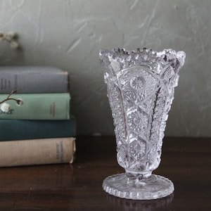 Vintage Imperial NUCUT Glass Flower 6.25&quot; Vase EAPG Pressed Glass, Star, Cane Design Sawtooth Rim