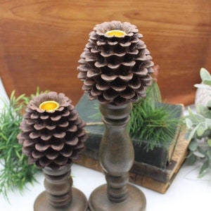 Vintage Pair Wood Candleholders/Pinecone Candleholders/ Holiday Decor/Winter Decor