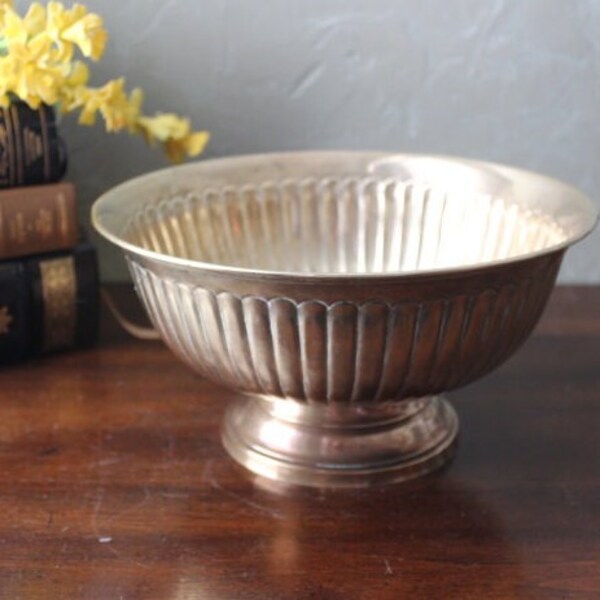 Vintage Brass Round Ribbed Bowl/ Brass Pedestal Dish