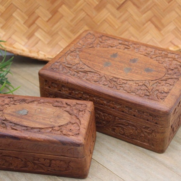 Vintage Sheesham Wood Keepsake Boxes (Set Of 2) /Wood Boxes Gold Inlay Floral Patterns & Velvet Interior/BOHO Decor/Bookshelf Decor