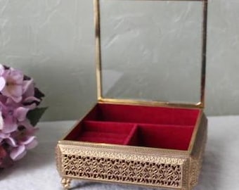 Vintage Ornate Filigree Brass Footed Jewelry Box, Red Velvet Lining, Ormulu Keepsake Box, Victorian Decor, Hollywood Regency, Gift For Her