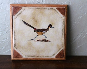 BOHO Vintage Large Road Runner Ceramic Tile Trivet Oak Framed/ Kitchen Accessories