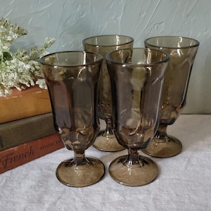 Vintage Set Of 4 Smokey Brown Topaz Parfait Goblets, Brown Glasses, Wine Glasses, Drinkware, Barware