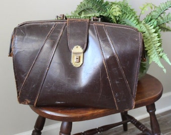Vintage French Doctor Brown Bag Gladstone Leather Bag Old Apothecary Bag Medical Housecall Bag